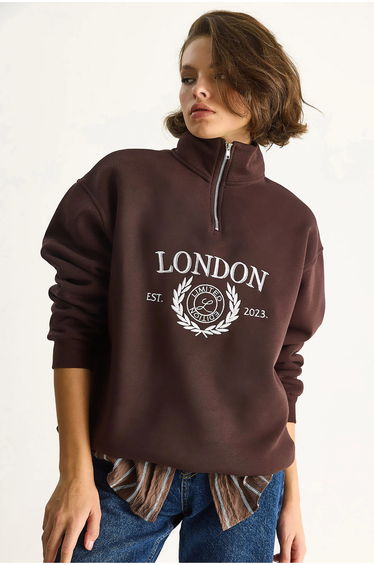 LUCCI Zipper Collar Printed Relaxed Fit Sweatshirt