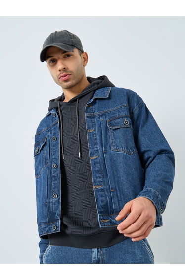 Men Dark Blue Denim Button Jacket