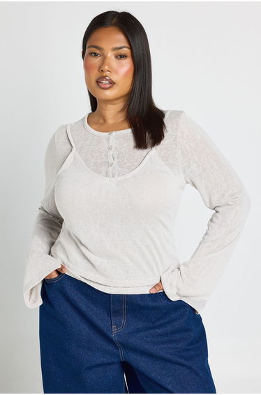 Plus Sheer Double Layer Henley Top - grey