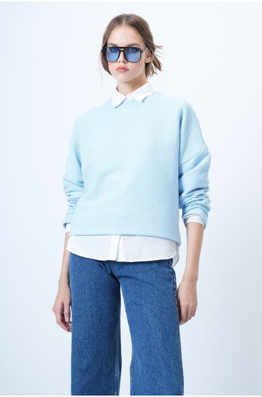 Women's Blue Crew Neck Batwing Sleeve Wide Cut Basic Blouse