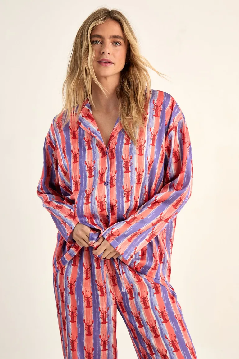 Lobster Print Satin Stripe Pajama Trouser Set - 2