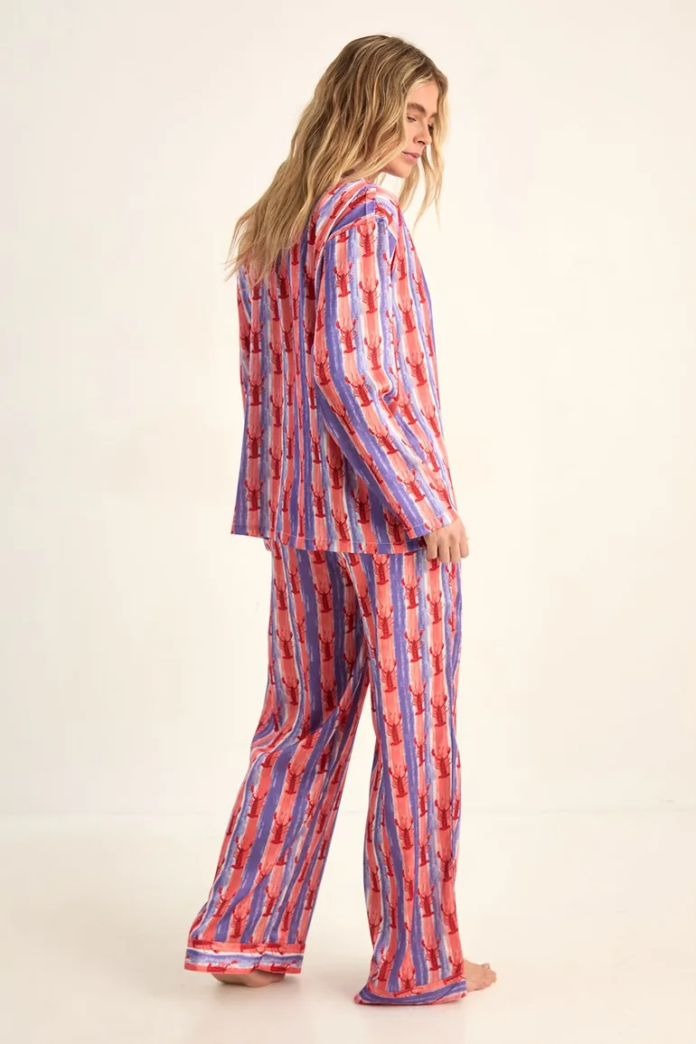 Lobster Print Satin Stripe Pajama Trouser Set - 3