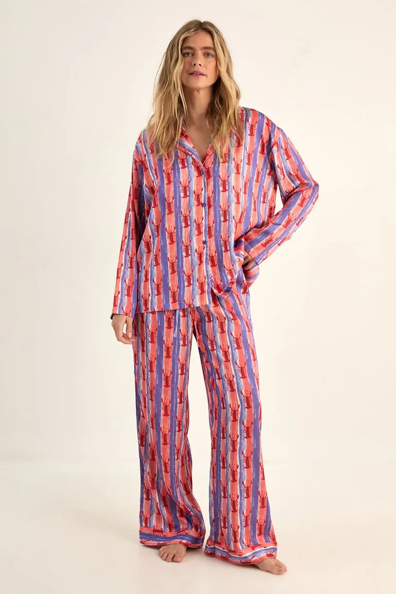 Lobster Print Satin Stripe Pajama Trouser Set