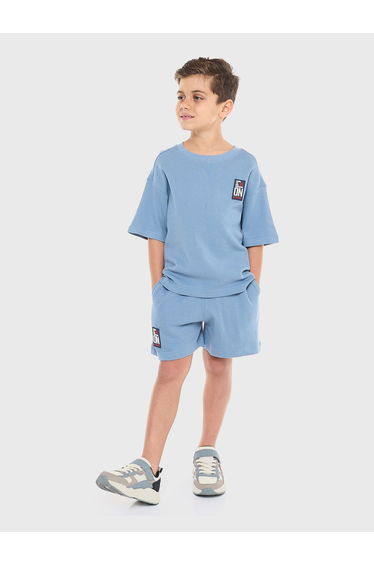 Boys Blue Textured Oversized T-Shirt and Shorts Set