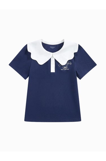 Girls' Short Sleeve T-Shirt With Embroidery And Wide Bib Collar