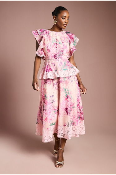 Lace Trim Printed Ruffle Midi Dress
