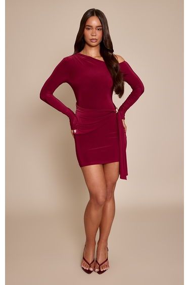 Burgundy Slinky Trim Detail Wrap Long Sleeve Mini Dress