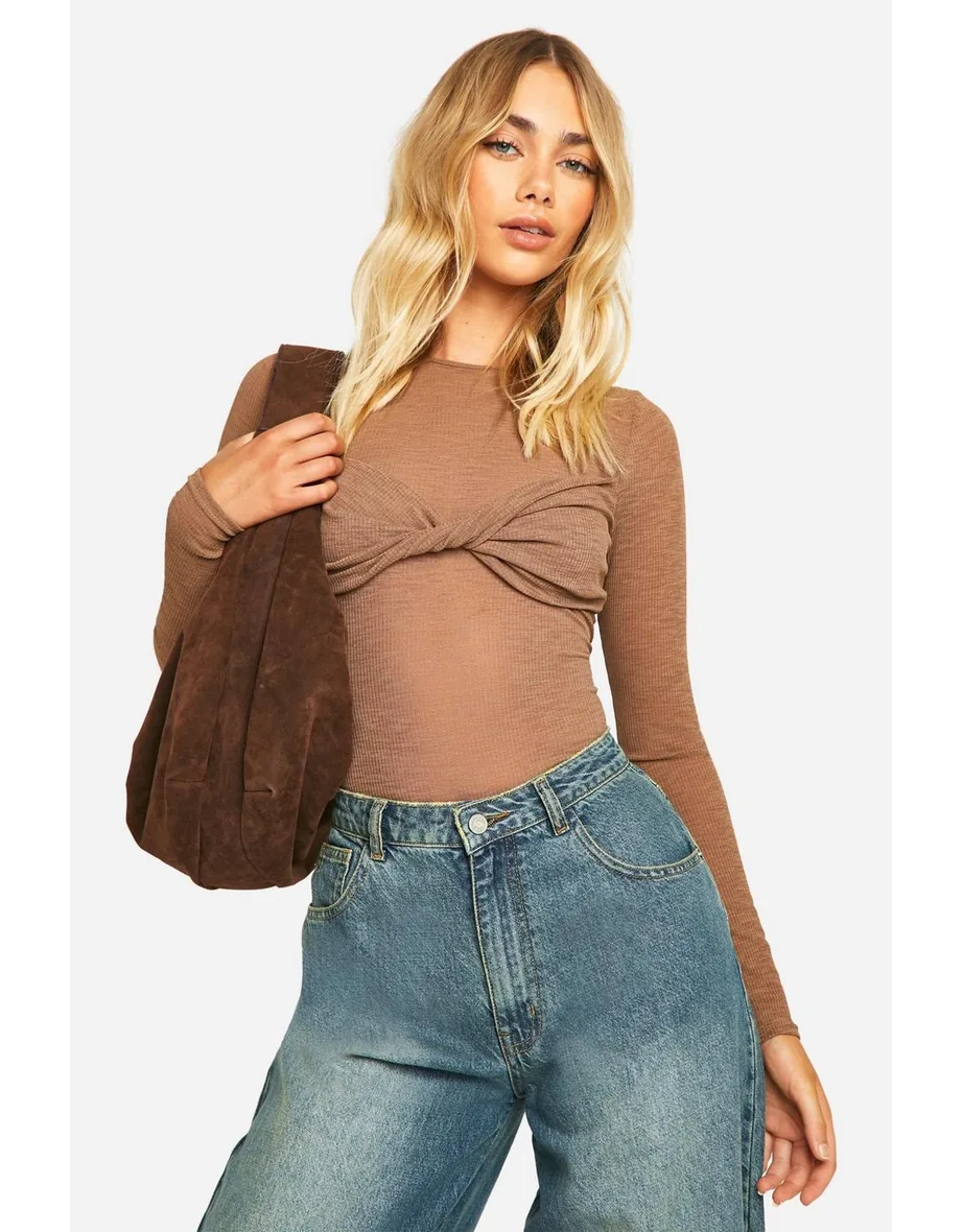 Shop Sheer Rib Twist Front Long Sleeve Top Online in Oman