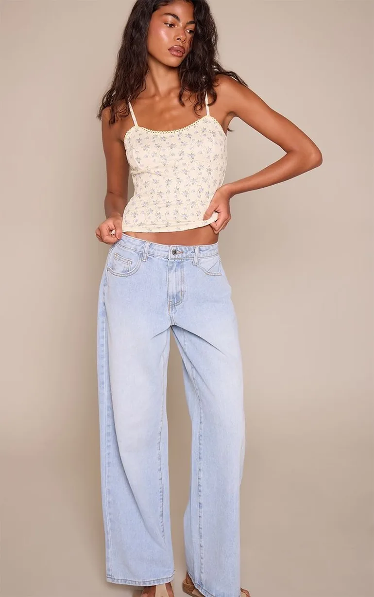 Lemon Ditsy Floral Pointelle Strappy Seam Detail Long Cami Top - 2