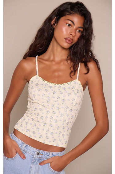 Lemon Ditsy Floral Pointelle Strappy Seam Detail Long Cami Top