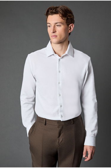 White Pique Slim Fit Long Sleeve Shirt