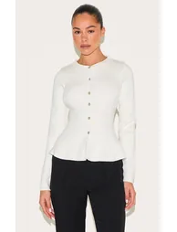 Cream Compact Knit Peplum Cardigan - 1