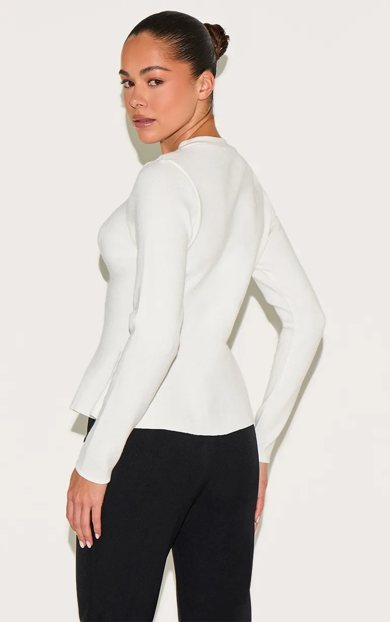 Cream Compact Knit Peplum Cardigan - 2