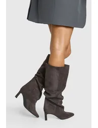 Slouchy Kitten Heel Knee High Boots - dark grey