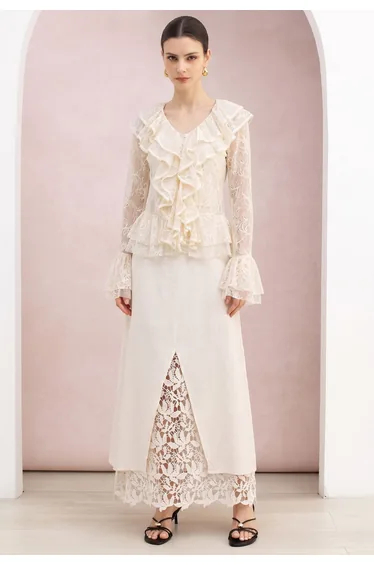 Tiered Ruffle Sheer Lace Button-Up Top in Cream for Music Festivals & Artisan Markets