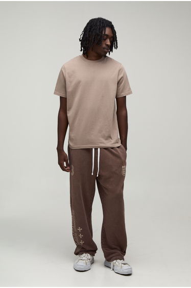 Oversized Drop Crotch Washed and Distressed Double Waistband Jogger - brown
