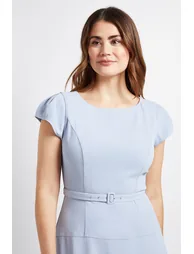 CREPE BELTED CAP SLEEVE MIDI DRESS - 3