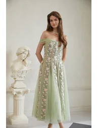 Eleni Green Tulle Panel Floral Midi Dress - 8