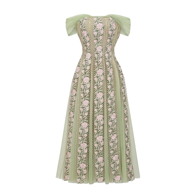 Eleni Green Tulle Panel Floral Midi Dress - 1