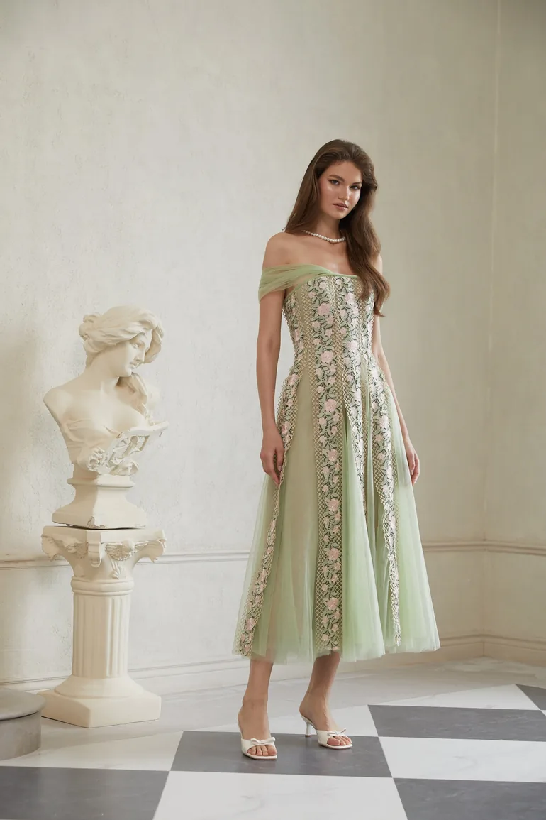 Eleni Green Tulle Panel Floral Midi Dress - 7