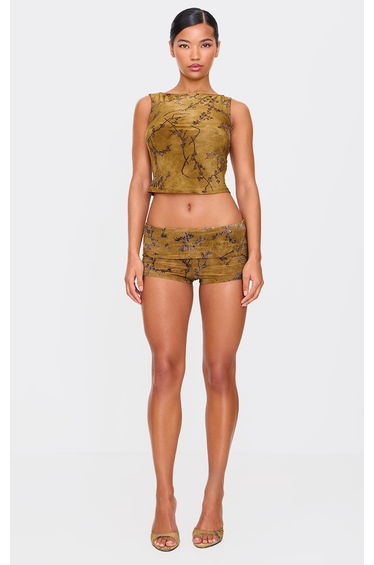 Khaki Floral Print Devore Low Rise Hot Pants