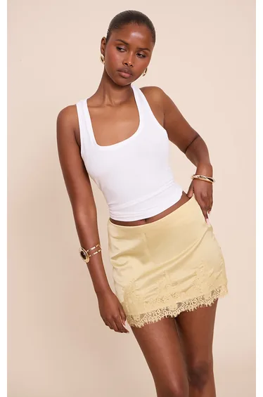 Butter Yellow Satin Lace Trim Mini Skirt