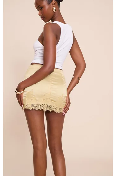 Butter Yellow Satin Lace Trim Mini Skirt