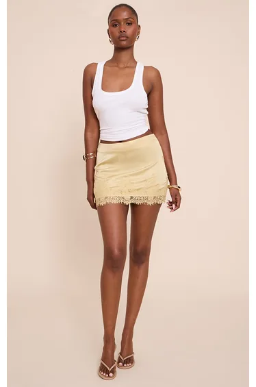 Butter Yellow Satin Lace Trim Mini Skirt