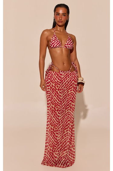 Red Blurred Printed Chiffon Low Rise Maxi Skirt