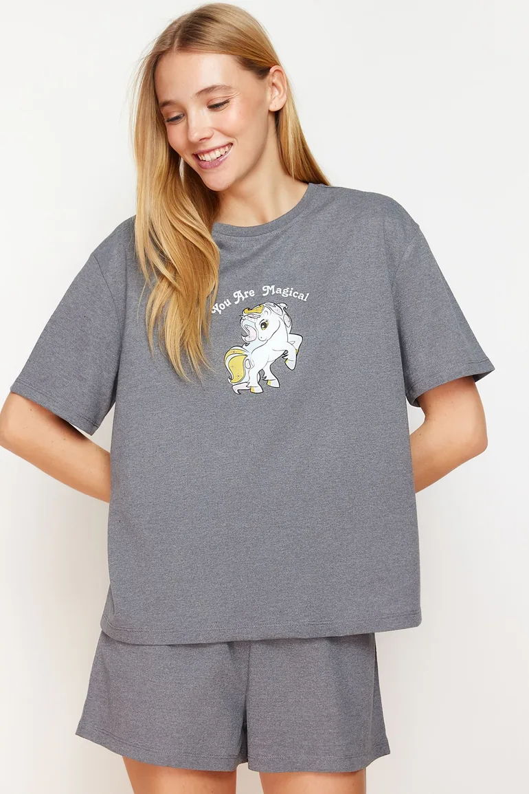Gray Melange Animal Single Jersey Knitted Pajama Set - 2