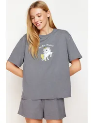 Gray Melange Animal Single Jersey Knitted Pajama Set - 2
