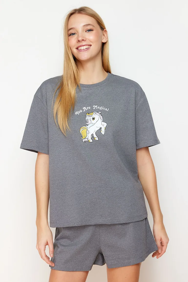 Gray Melange Animal Single Jersey Knitted Pajama Set