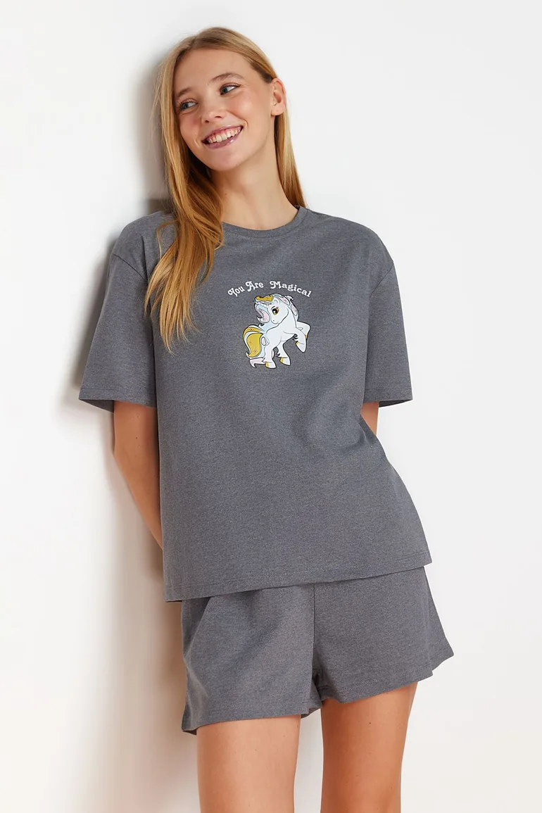 Gray Melange Animal Single Jersey Knitted Pajama Set - 1