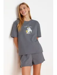 Gray Melange Animal Single Jersey Knitted Pajama Set - 1