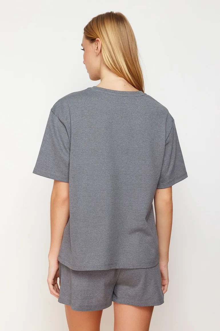 Gray Melange Animal Single Jersey Knitted Pajama Set - 4