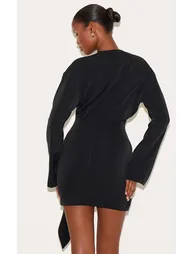 Black Woven Plunge Wrap Shirt Dress - 2