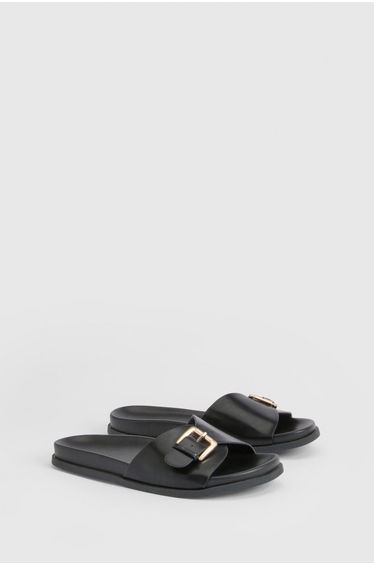 Buckle Strap Platform Sliders - black