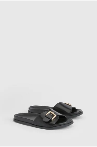 Buckle Strap Platform Sliders - black
