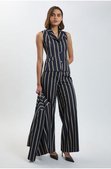 Stripe Single Breasted Sleeveless Jacket