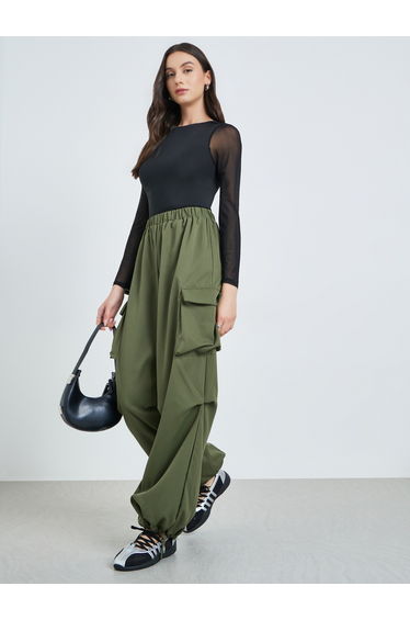Green Baggy Cargo Pants with Elastic Waistband