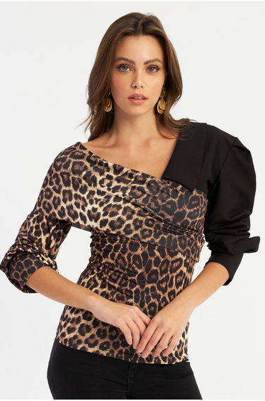 Women's Camel-Black Double Breasted Leopard Blouse