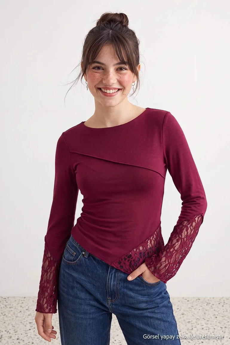 Burgundy Plain Fitted Boat Neck Spanish Sleeve Lace Detailed Soft Stretch Knitted Blouse - 2