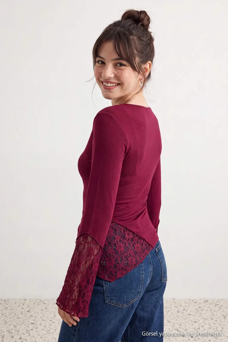 Burgundy Plain Fitted Boat Neck Spanish Sleeve Lace Detailed Soft Stretch Knitted Blouse - 4