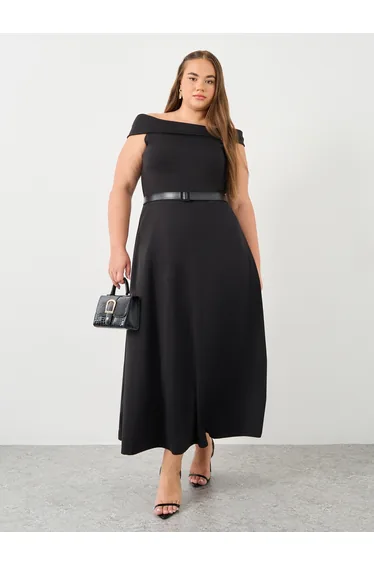 Plus Pink Off Shoulder Maxi Dress with Belt