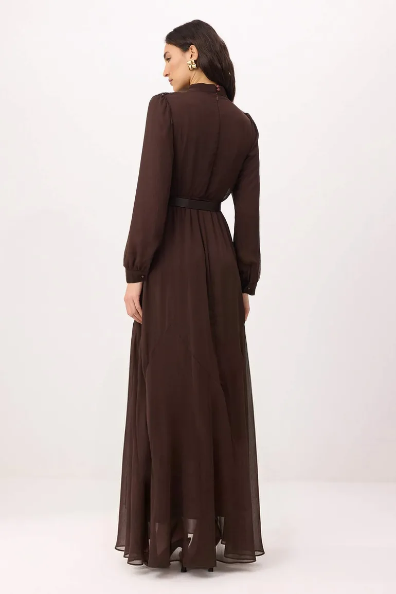 Brown Belted Lined Plain Woven Yoryo Chiffon Hijab Dress - 3