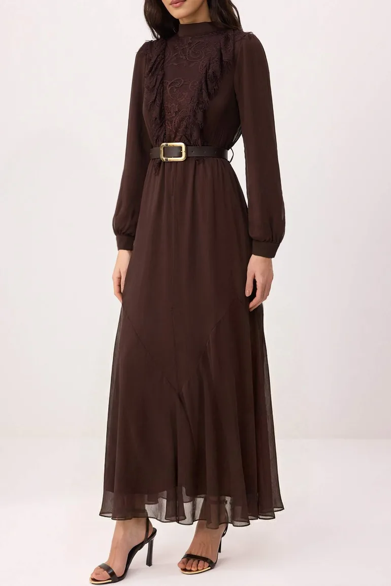 Brown Belted Lined Plain Woven Yoryo Chiffon Hijab Dress - 2