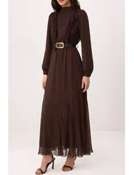Brown Belted Lined Plain Woven Yoryo Chiffon Hijab Dress - 2