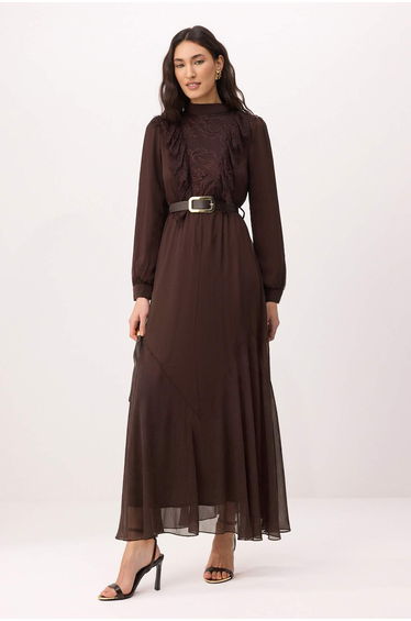 Brown Belted Lined Plain Woven Yoryo Chiffon Hijab Dress