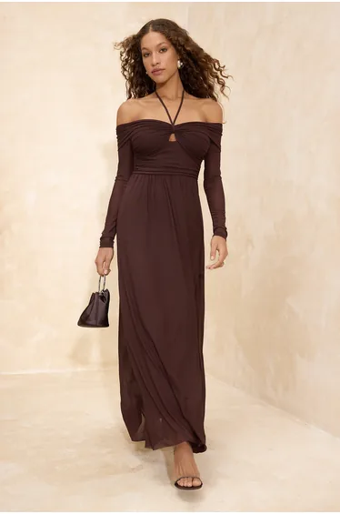 Brown Tulle Halter Neck Skirt Split at Waist Maxi Evening & Graduation Dress