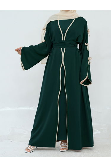 Bow Detail Open Front Abaya with Belt Set